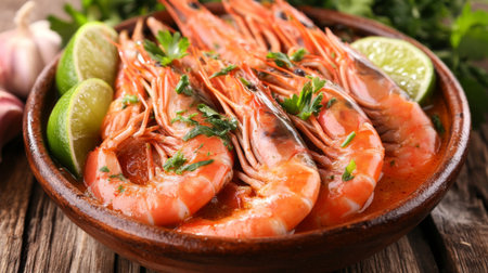 Enjoy a vibrant plate of fresh grilled shrimp garnished with lime and green herbs, perfect for any meal or gathering. A delightful seafood experience.の素材