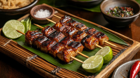 This appetizing image showcases grilled skewers of meat served with fresh lime slices and a selection of aromatic spices, beautifully arranged on a bamboo tray.の素材
