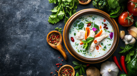 A vibrant bowl of vegetable soup garnished with fresh herbs and spices. This wholesome dish showcases rich colors and flavors, perfect for any meal.の素材