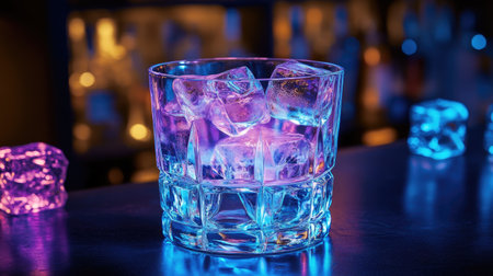 A cocktail glass filled with a vibrant drink and large, perfectly formed ice cubes, set on a bar top, evoking a sense of sophistication and nightlife.の素材