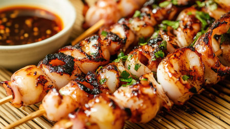 A close-up of grilled squid skewers with a smoky char and glistening glaze, served on a bamboo plate with dipping sauce and garnished with fresh herbs.の素材