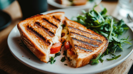 A close-up of a perfectly toasted sandwich with crispy bread and a gooey cheese filling, sliced diagonally and placed on a white plate with a side of fresh greens.の素材