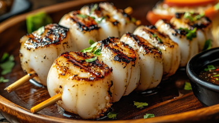 A close-up of grilled squid skewers with a smoky char and glistening glaze, served on a bamboo plate with dipping sauce and garnished with fresh herbs.の素材
