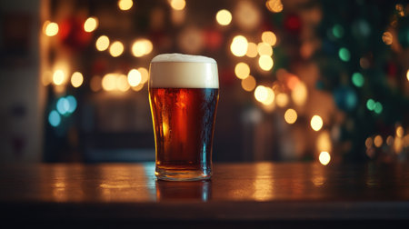 A close-up of a frosty pint of beer with a creamy head, placed on a wooden pub table with a background of blurred bar lights and festive decorations.の素材