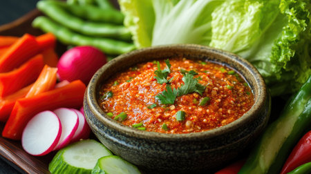 A close-up of a traditional Thai-style chili paste served in a small bowl, accompanied by an assortment of raw vegetables such as lettuce, radishes, and green beans.の素材