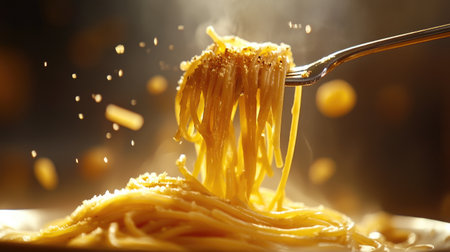 A close-up of a fork lifting a delicious serving of spaghetti from a plate, with strands of pasta elegantly twirling, emphasizing the texture and appeal of this beloved dish.の素材