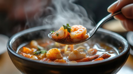 A close-up of a person savoring a spoonful of hot and spicy shrimp soup, with steam rising from the bowl, emphasizing the comforting and flavorful experience of this dish.の素材