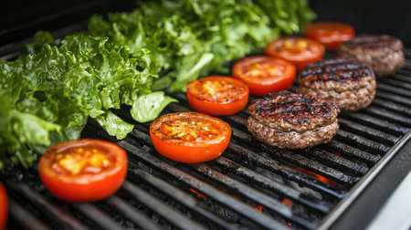 A close-up of a juicy burger being assembled with fresh lettuce, tomato, and cheese, showcasing the vibrant colors and textures of the ingredients on a grill.の素材