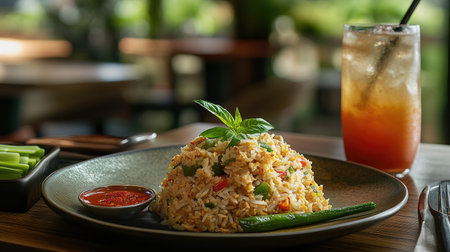 A cozy dining table set with a plate of Thai basil fried rice, accompanied by a side of spicy chili sauce and a refreshing drink, creating a warm and inviting atmosphere for a meal.の素材