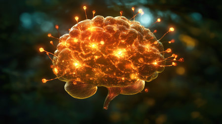 A conceptual image of a D brain with glowing nodes and connections, representing the generation and exchange of innovative ideas and complex concepts.の素材