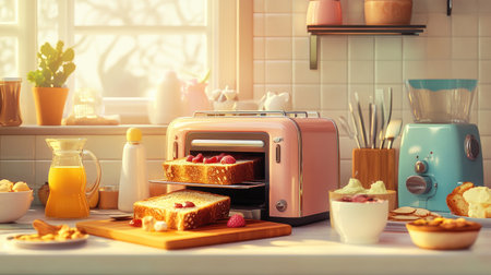 A cozy kitchen scene with a toaster in action, ejecting slices of perfectly golden bread, surrounded by a variety of toppings and spreads, capturing the joy of making breakfast.の素材