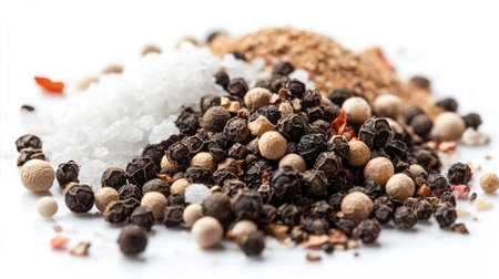 A close-up of a selection of spices with black pepper prominently featured, including salt, chili flakes, and garlic powder, set against a white background.の素材