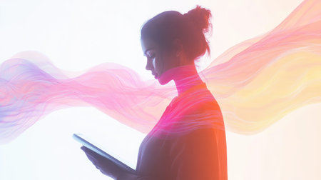 A conceptual image of a person holding a tablet, with digital Wi-Fi signal waves emanating from the device, set against a bright white background to emphasize wireless communication.の素材