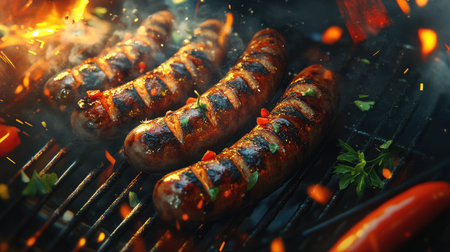 A close-up of perfectly grilled sausages sizzling on a barbecue grill, with smoky char marks, served with fresh herbs and colorful peppers, creating an appetizing outdoor dining scene.の素材