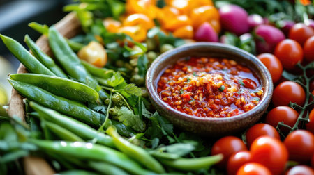 A close-up of a vegetable platter featuring a selection of fresh, crisp veggies like snap peas and cherry tomatoes, with a bowl of vibrant chili paste in the center.の素材