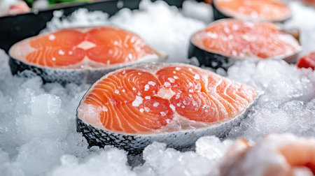 A close-up shot of fresh salmon fillets displayed on ice at a seafood market, highlighting their rich pink color and the textures of the fish, ready for culinary preparation.の素材