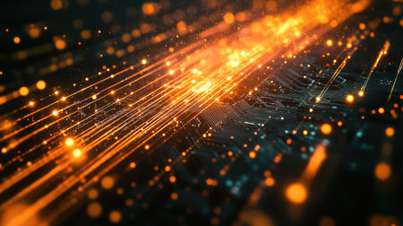 A close-up shot of a glowing microchip with digital lines extending outward, symbolizing the core of a digital network that connects devices and transfers data seamlessly.の素材