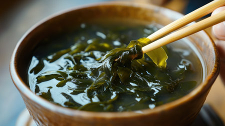 A close-up of a person enjoying a bowl of hot seaweed soup, with chopsticks poised above the bowl, showcasing the comforting and soothing nature of this traditional dish.の素材