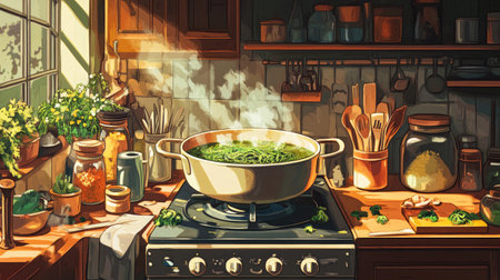 A cozy kitchen scene with a pot of bubbling seaweed soup on the stove, surrounded by fresh ingredients like seaweed, mushrooms, and spices, capturing the essence of home cooking.の素材