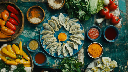 A beautiful arrangement of dumplings on a vibrant plate, surrounded by fresh vegetables and spices. Perfect for culinary showcases and food photography.の素材