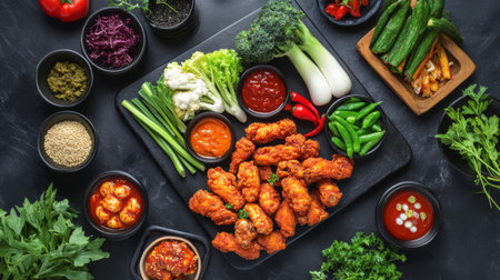 A vibrant assortment of fresh ingredients surrounds crispy spicy chicken wings on a black platter. Ideal for showcasing healthy meal preparation and cooking.の素材