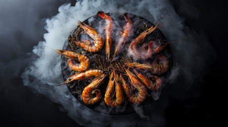 A stunning arrangement of grilled shrimp on a black plate, surrounded by wisps of smoke, showcasing an appetizing and dramatic presentation for food lovers.の素材