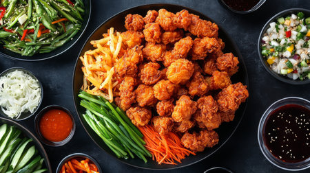 A vibrant platter of crispy fried chicken surrounded by fresh vegetables and salads, perfect for sharing at gatherings or enjoying a comforting meal.の素材