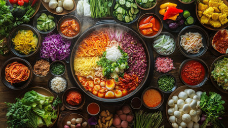 A vibrant composition featuring an array of fresh vegetables and ingredients for cooking. This colorful setup showcases the diversity of flavors and textures in a culinary art experience.の素材