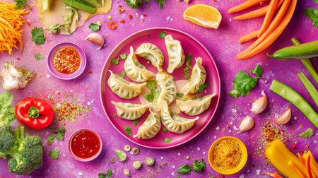 This vibrant arrangement showcases fresh dumplings surrounded by colorful vegetables. Perfect for food photography, cooking blogs, or recipe illustrations, capturing the essence of culinary creativity and freshness.の素材