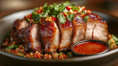 A mouth-watering glazed pork dish garnished with fresh herbs and a spicy sauce. Perfect for foodies and culinary enthusiasts seeking delicious meal inspiration.の素材