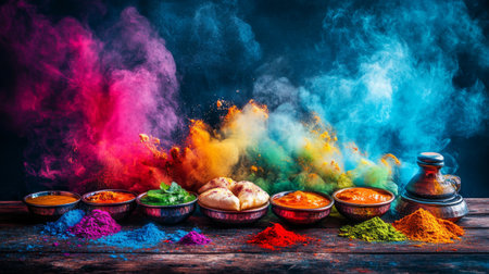 A stunning arrangement of colorful spices and traditional dishes highlights the vibrant and rich aspect of cooking, perfect for showcasing culinary art.の素材