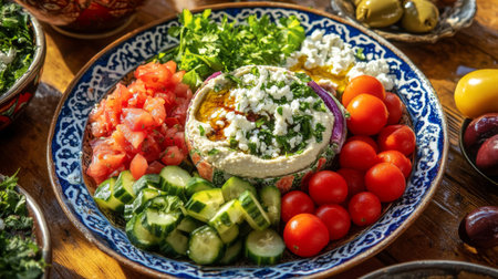 A vibrant Mediterranean vegetarian platter featuring fresh cucumbers, juicy tomatoes, creamy hummus, and a sprinkle of feta, perfect for healthy dining.の素材
