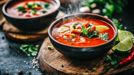 Enjoy a steaming bowl of spicy soup filled with colorful vegetables and fresh herbs. The rustic presentation highlights the vibrant ingredients for a nourishing meal.の素材