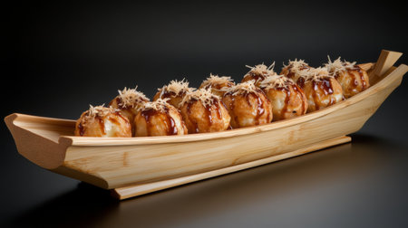 A beautifully arranged serving of takoyaki in a traditional wooden boat, topped with bonito flakes and drizzled with savory sauce, perfect for food enthusiasts.の素材