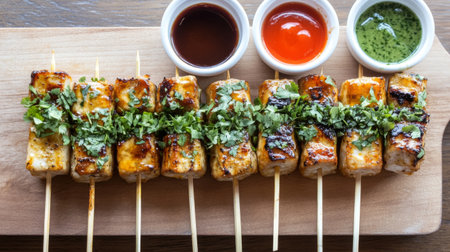 This appetizing image showcases grilled skewers garnished with fresh herbs, served with a variety of vibrant dipping sauces, perfect for any gathering.の素材