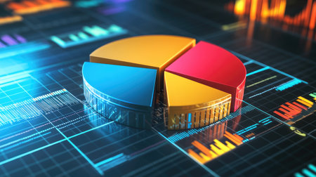 A dynamic D pie chart with vibrant sections, hovering above a grid background with digital data and percentages, representing a breakdown of business performance.の素材