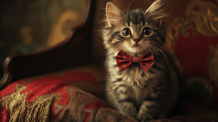 A cute cat wearing a small bow tie, sitting elegantly on a plush cushion, with its endearing outfit adding to its charming appearance.の素材