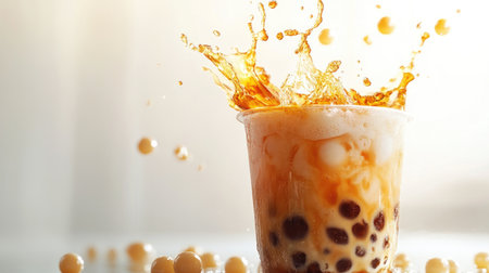 A dynamic shot of a cup of bubble tea with a splash of tea and pearls, showcasing the drink's texture and layers with a bright, white background.の素材