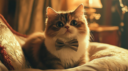 A cute cat wearing a small bow tie, sitting elegantly on a plush cushion, with its endearing outfit adding to its charming appearance.の素材