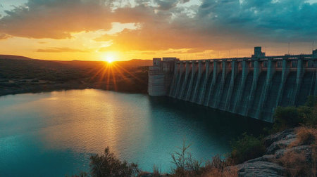 A dramatic sunset shot of a large dam and reservoir, with the setting sun casting warm hues over the water and the dam's towering structure.の素材