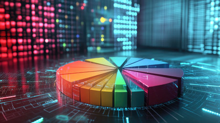 A detailed D pie chart with metallic slices in various colors, symbolizing data distribution in a high-tech environment, set against a futuristic digital background.の素材
