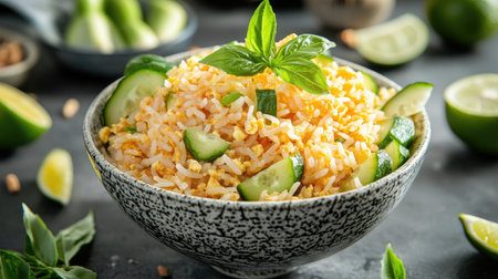 A creative shot of a bowl of Thai basil fried rice with egg, adorned with fresh cucumber slices and lime wedges, emphasizing the balance of flavors and freshness in this classic dish.の素材