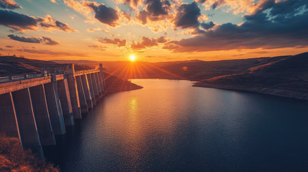 A dramatic sunset shot of a large dam and reservoir, with the setting sun casting warm hues over the water and the dam's towering structure.の素材