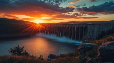 A dramatic sunset shot of a large dam and reservoir, with the setting sun casting warm hues over the water and the dam's towering structure.の素材