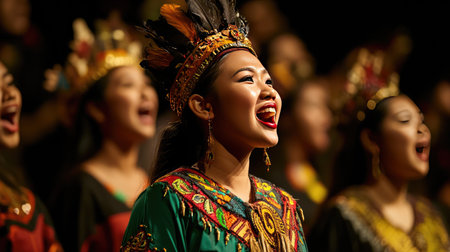 A cultural performance showcasing a choir in traditional costumes, singing songs that reflect their heritage, creating a vibrant celebration of music and cultural identity.の素材