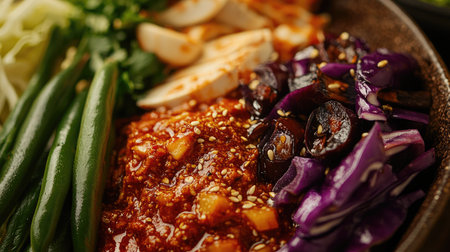 A detailed close-up of a bowl of spicy chili paste with a variety of vegetables including long beans, eggplant, and cabbage, showcasing the ingredients and textures.の素材