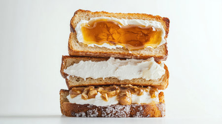 A delicious stack of three slices of toasted bread, each with a different topping like cream cheese, nut butter, and honey, artfully arranged against a bright white background.の素材