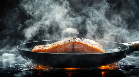 A dynamic cooking scene featuring a chef skillfully searing salmon in a hot skillet, with sizzling sounds and steam creating an enticing atmosphere in a modern kitchen.の素材