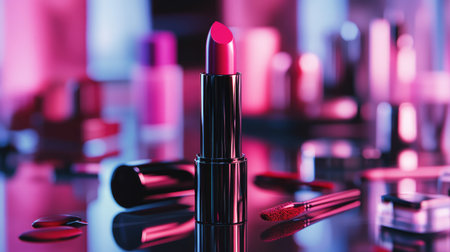 A dynamic image of a lipstick tube with its cap off, revealing a bold color, with a background of scattered makeup products and a stylish vanity setting.の素材