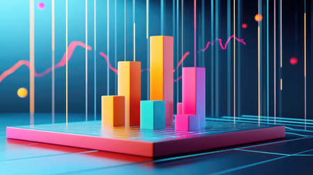A dynamic D bar graph with vibrant colors representing different financial metrics, rising from a sleek platform, with lines and numbers floating in the background.の素材